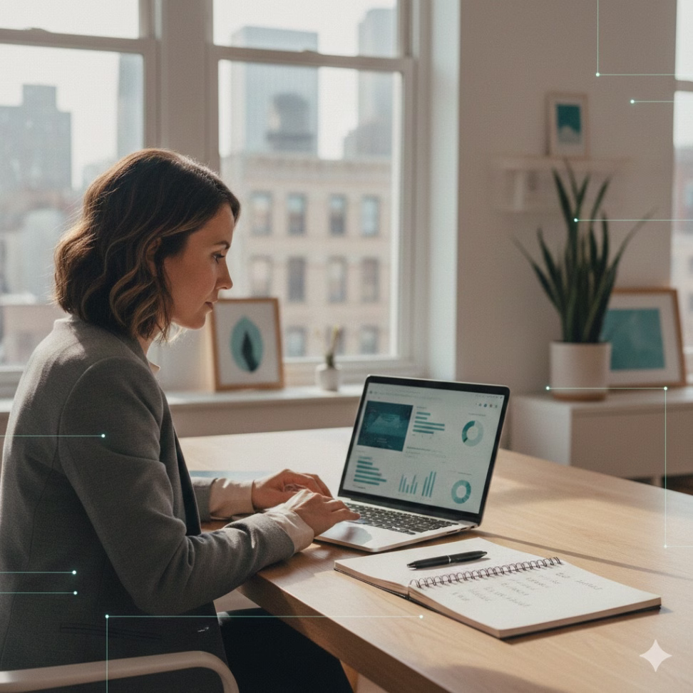 Small business owner reviewing analytics on a laptop at a desk with a notebook of goals beside them.