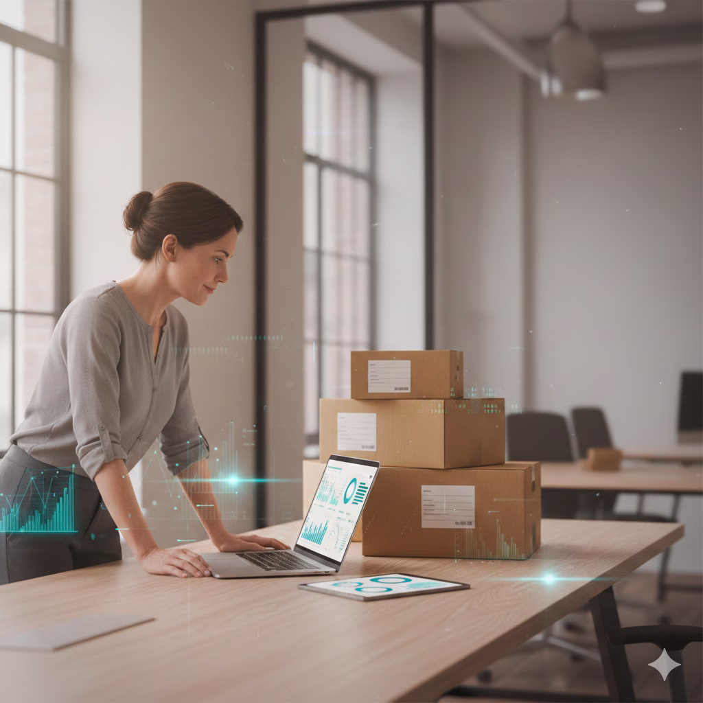 Small business owner reviewing analytics on a laptop in a modern office with organized inventory in the background.