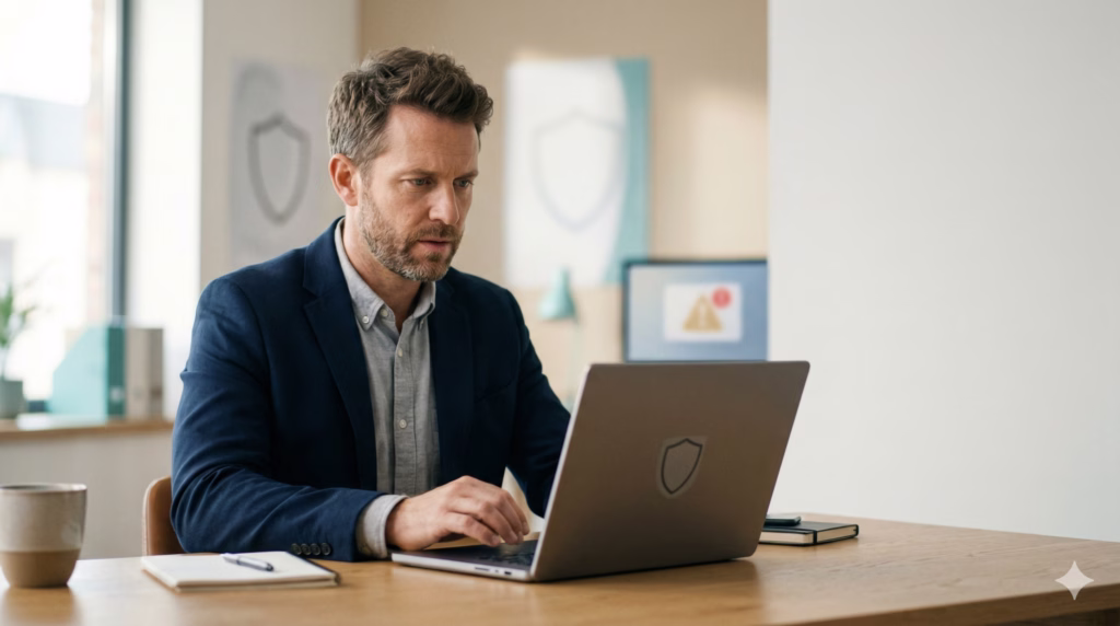 Small business owner looking at laptop with security shield icon and subtle warning cues in background