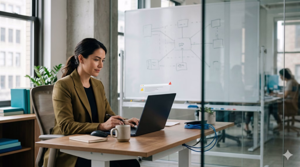 Small business owner reviewing security alerts on a laptop in a modern office setting