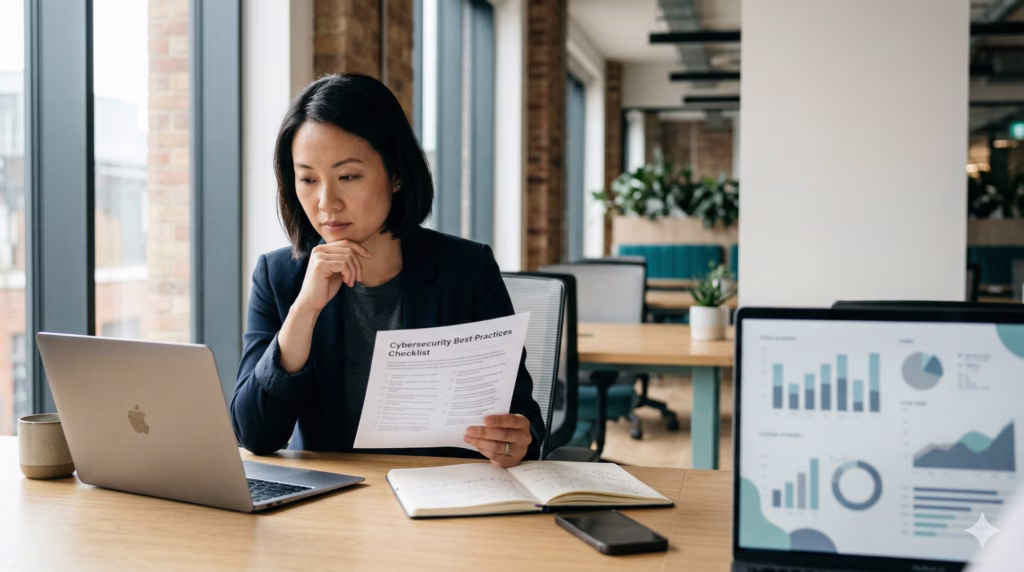 Business owner reviewing a cybersecurity checklist at a desk with a laptop in a small office