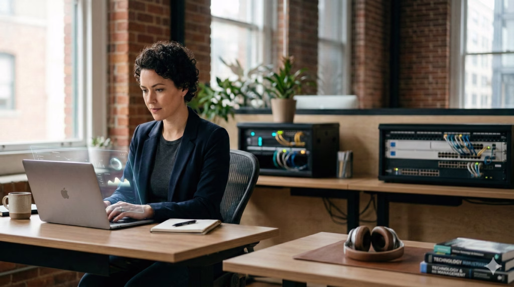 Small business owner working on a laptop with IT monitoring dashboard and server equipment in a modern office.