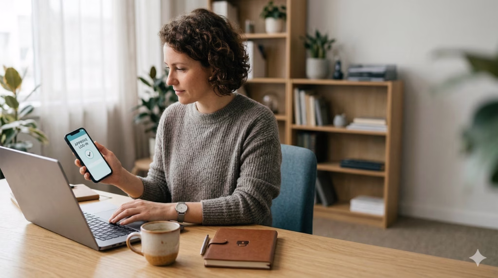 Small business owner approving a login on a smartphone while signing into a laptop at a desk