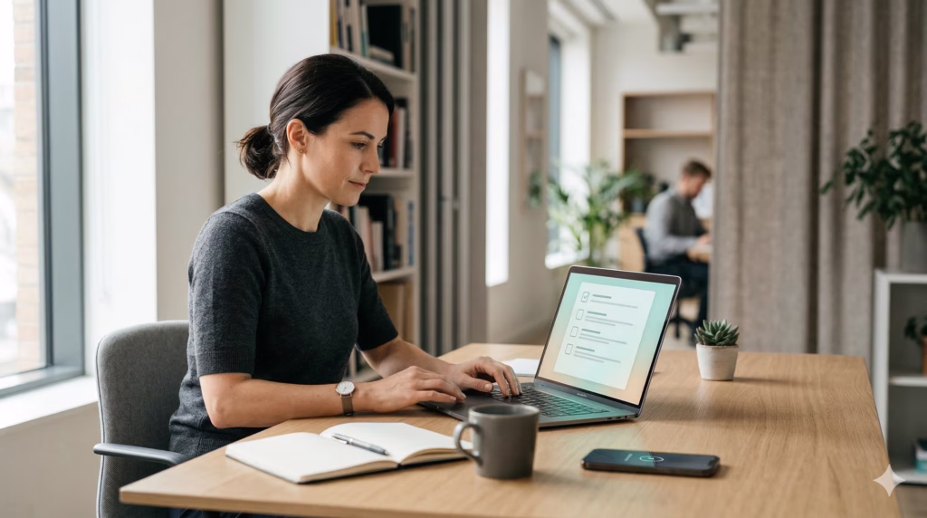 Small business owner at desk reviewing a cybersecurity checklist on laptop with phone for authentication
