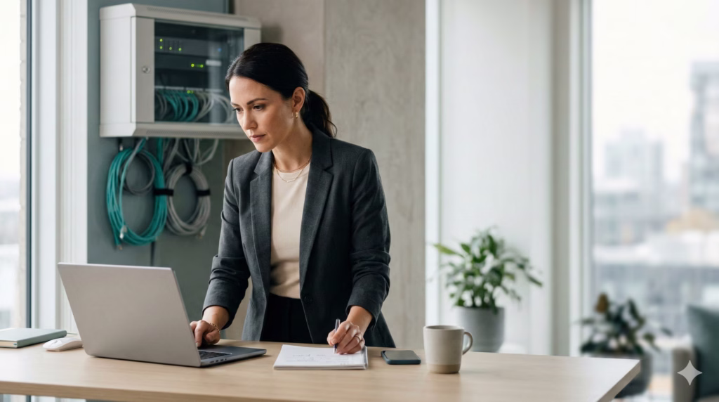 Small business owner reviewing laptop with server cabinet in background in modern office.