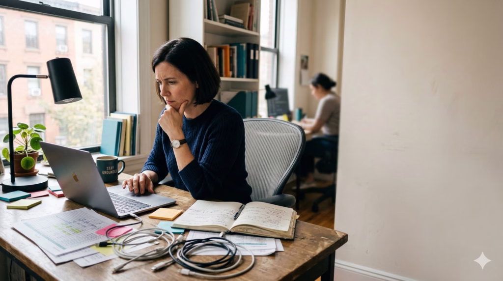 Small business owner reviewing laptop at cluttered desk with spreadsheets and cables representing technical debt