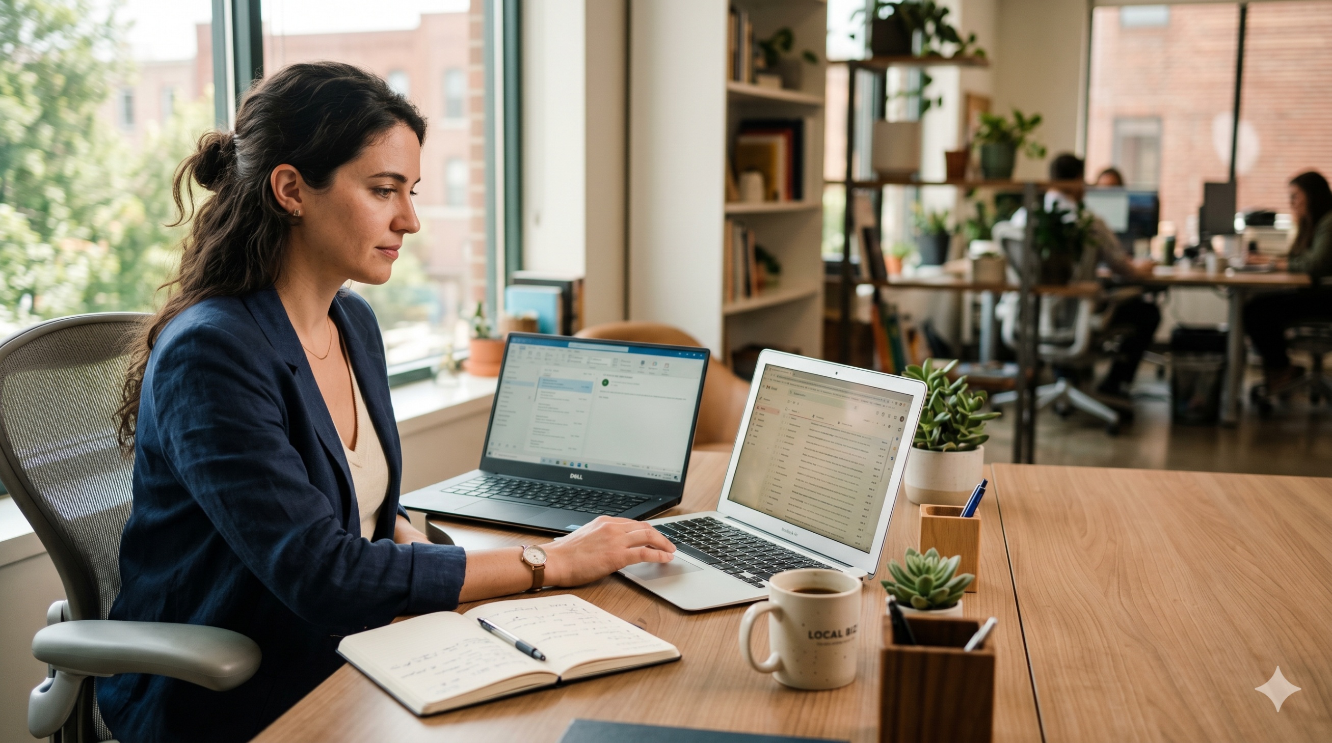 Small business owner using laptop with external hard drive in office, representing data backup strategy