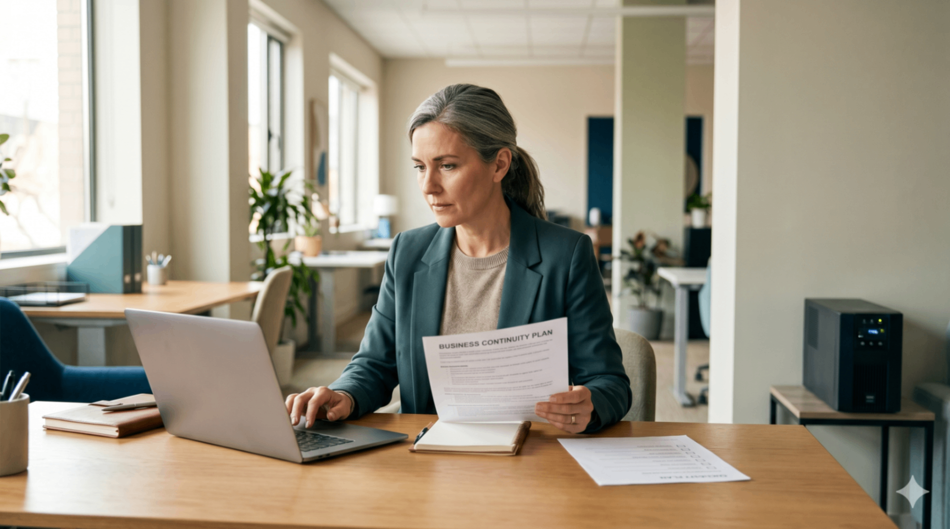Business owner reviewing a printed continuity plan at a desk with laptop in a clean office