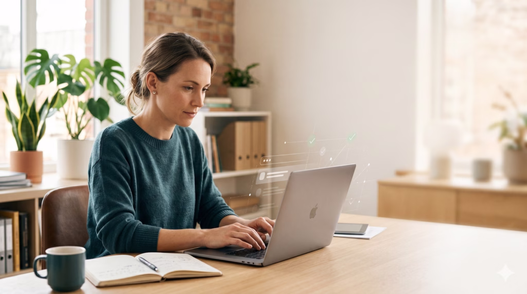 Business owner working on laptop with subtle email security indicators in a modern office setting