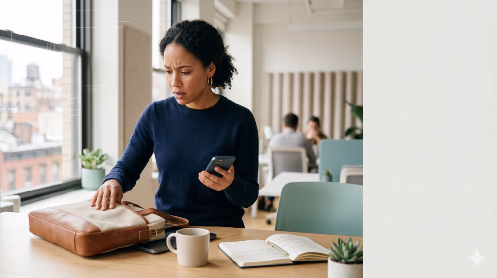 Office worker checking empty laptop bag with concerned expression while holding phone