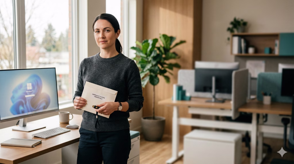 IT administrator holding sealed emergency access credentials in a modern office setting