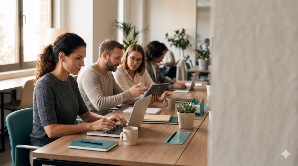 Small business team collaborating at desk using password manager on laptops in a secure office setting