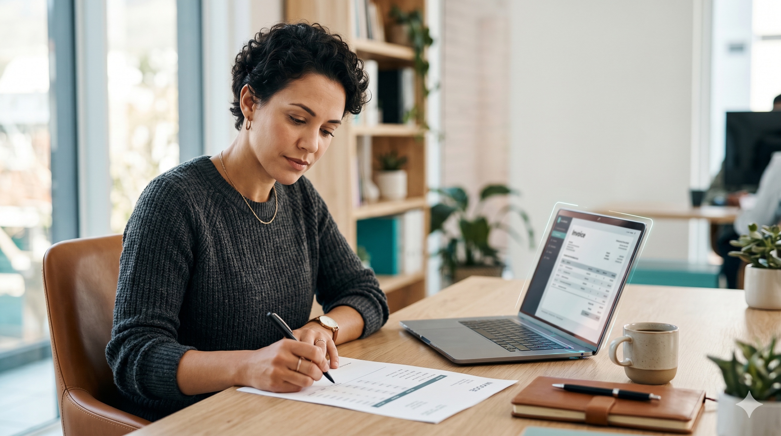 Small business owner reviewing an invoice at a desk with laptop, checking details carefully
