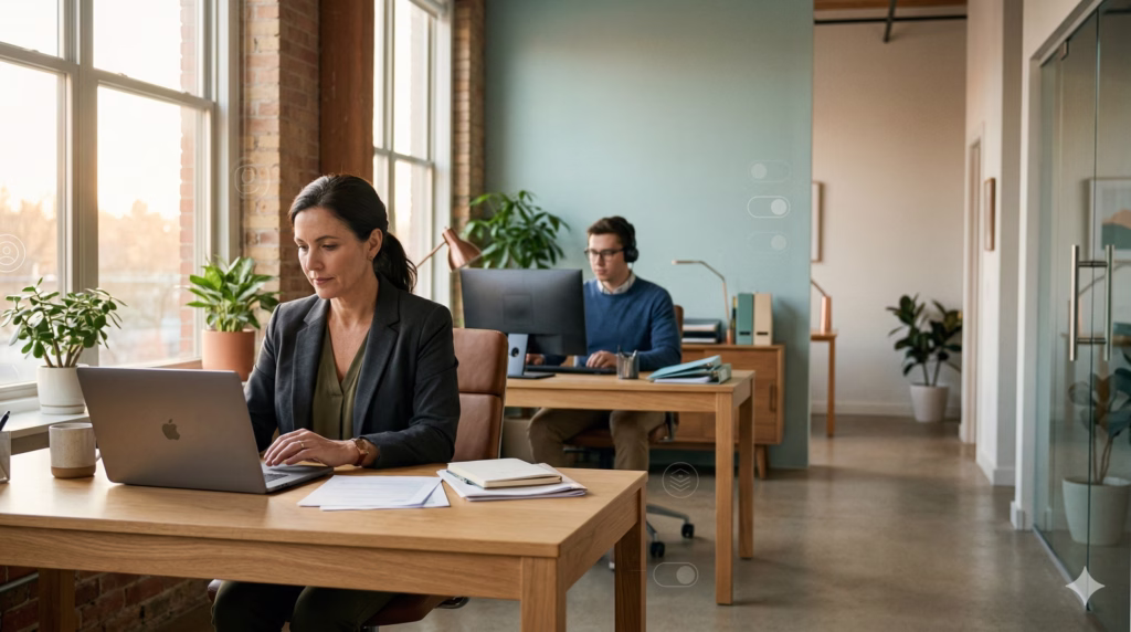 Manager reviewing user access on a laptop while employee works in a small office
