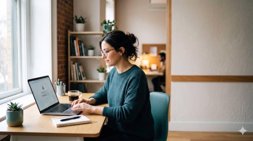 Small business owner using laptop with secure password interface in a modern office